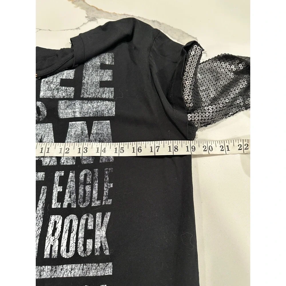 Free People Free‎ To Roam Sequin Sleeve Graphic Tee Black Rock Concert Shirt S